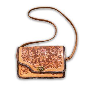 Vintage 1970s Tooled Leather Bag with Shoulder Strap and Original Letters